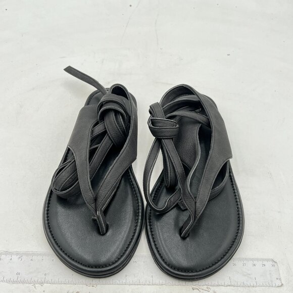 FOWT Black Split Round Toe Sandals Lace up Strappy Flats Soft Flip Flop Shoes - Picture 3 of 8